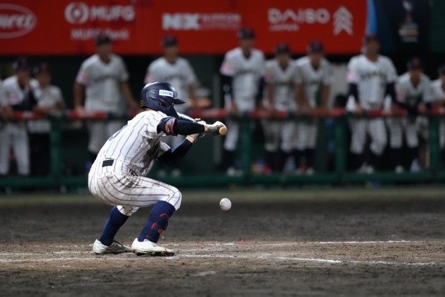 スクイズを決める岡部飛雄馬(敦賀気比)